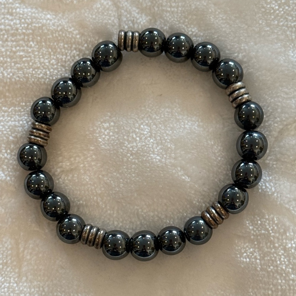 Natural Hematite Stretch Bracelet Silver Spacers-Handmade Unisex Healing Jewelry - Picture 1 of 3